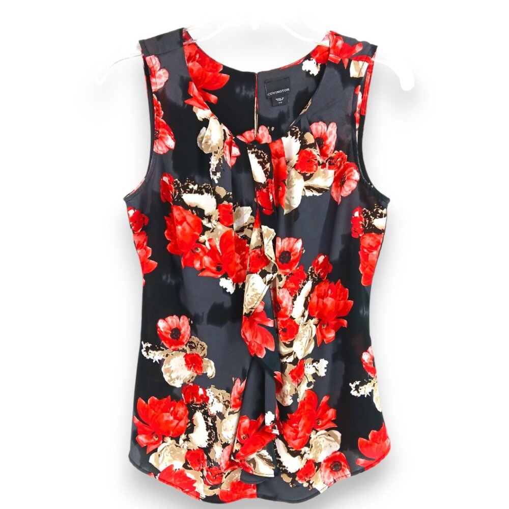 COVINGTON-Women's Ruffle Front Tank Top-Dressy-Black-Red-Work-Casual-Summer